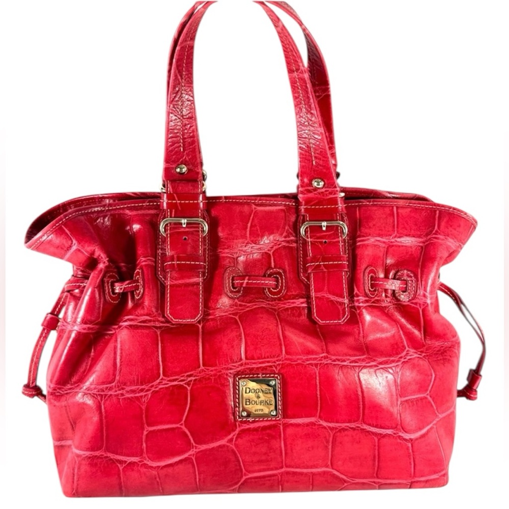DOONEY AND BOURKE Red Leather Croc Embossed Drawstring Tote Satchel Shoulder Bag